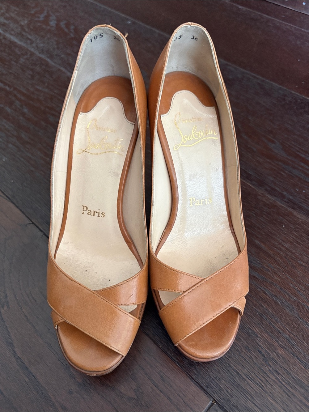 Christian Louboutin Cognac Leather Peep-Toe Pumps 36